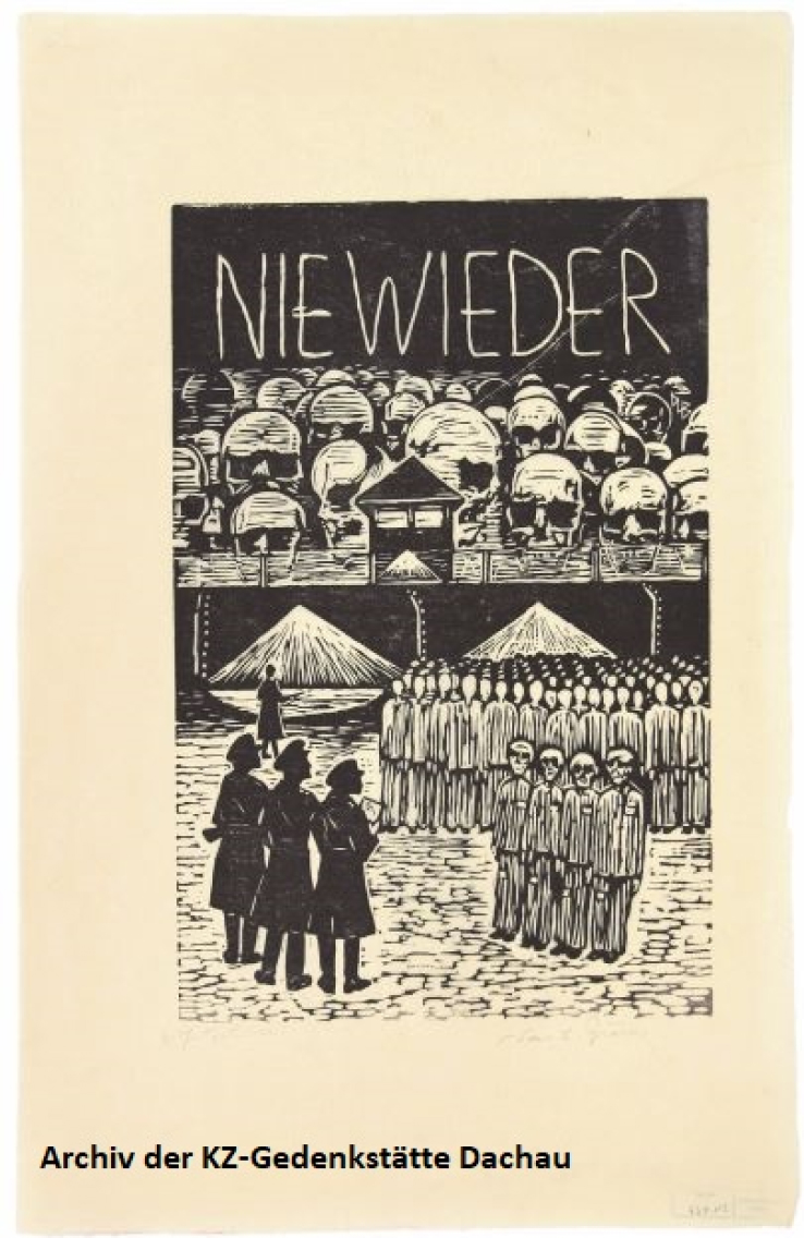 A large number of emaciated prisoners line up opposite a few SS men in front of the camp wall and a guard tower. Huge skulls and the inscription "Nie wieder" ("Never again") are depicted above the figures.